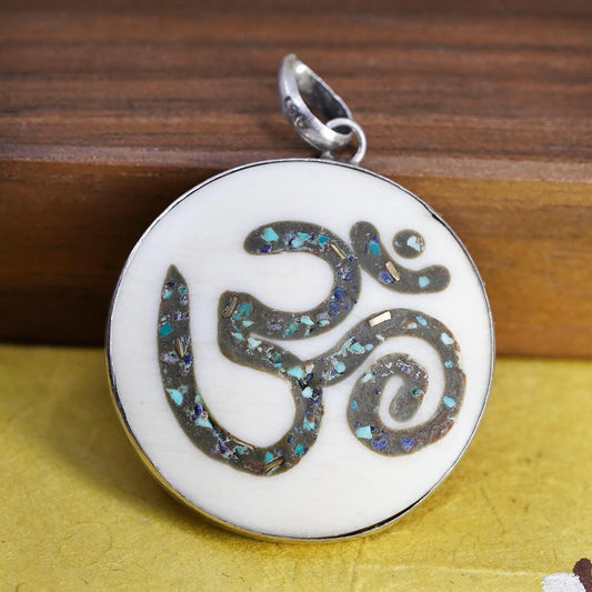 Sterling Silver Mother of Pearl Om Pendant, Aum Necklace Charm, Spiritual Yoga