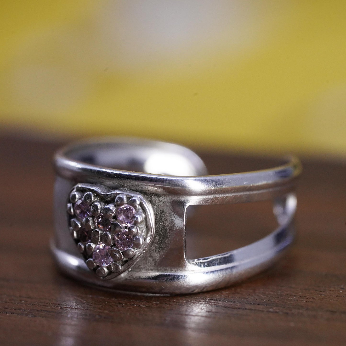 Size 4, Vintage Sterling silver handmade ring, 925 open band with pink cz heart