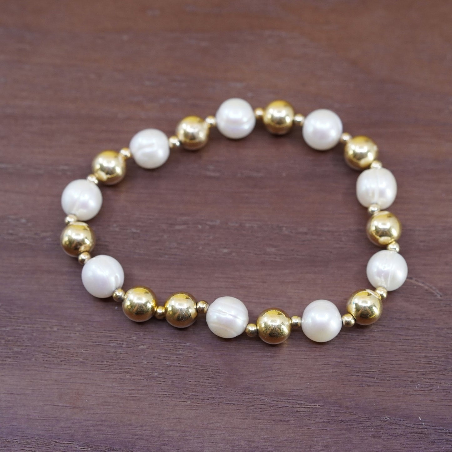 7”, Italian yellow gold Sterling silver bead 10mm freshwater pearl bracelet