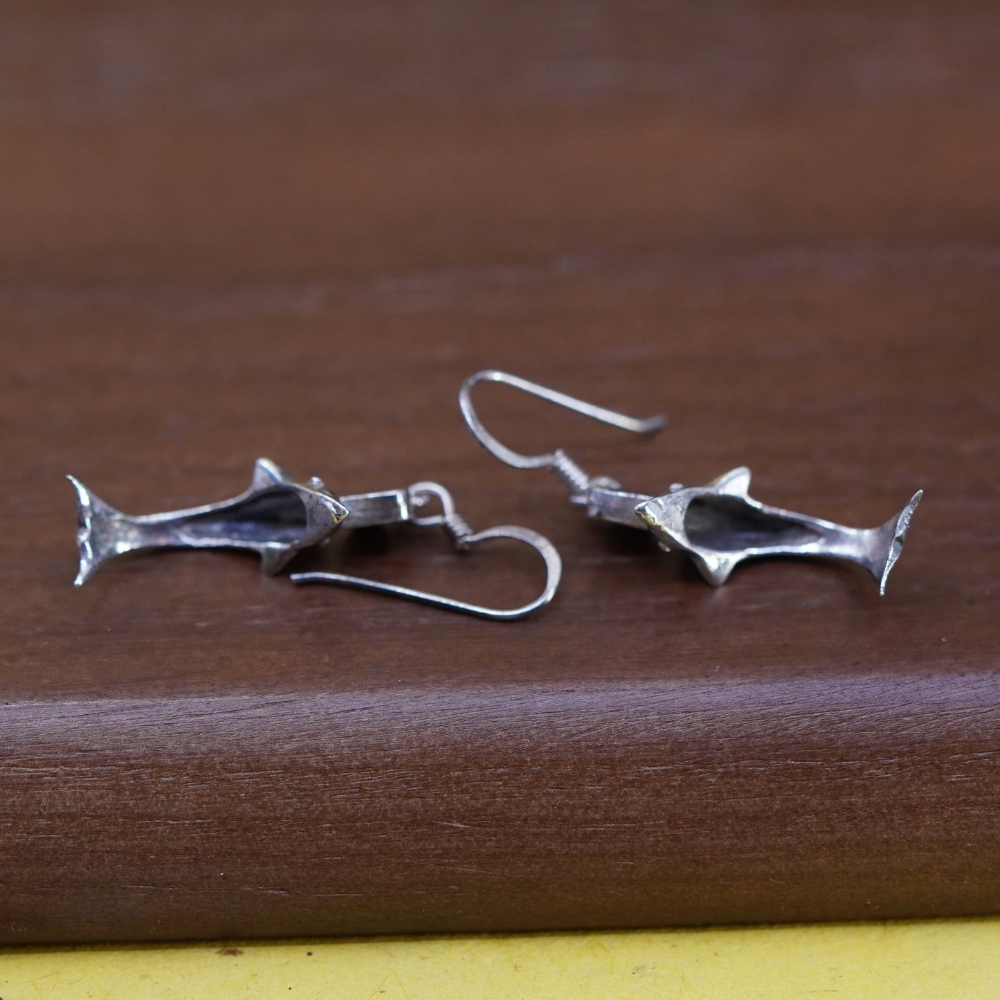Vintage Sterling silver handmade earrings, 925 dolphin dangle w/ obsidian heart