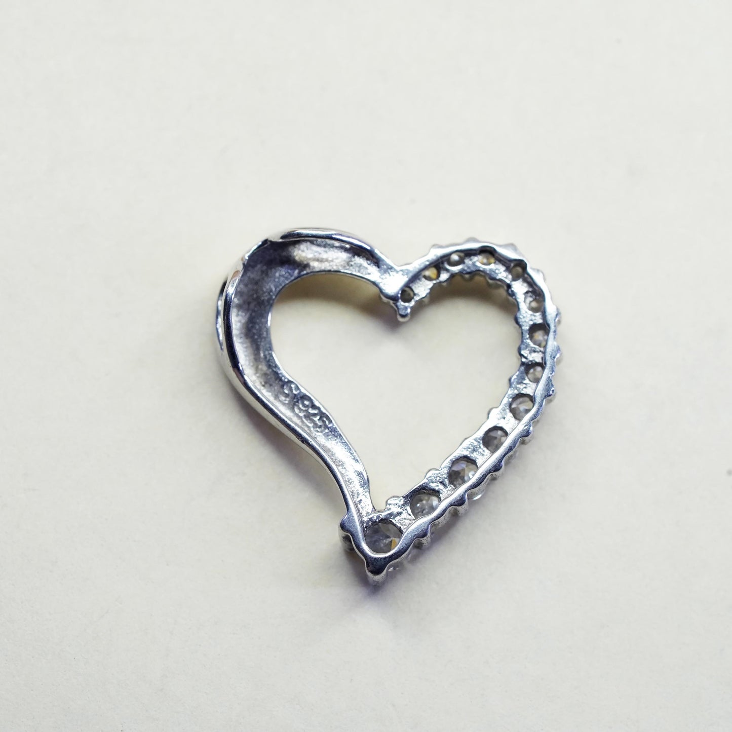 Vintage sterling 925 silver heart pendant round with cut clear Cz