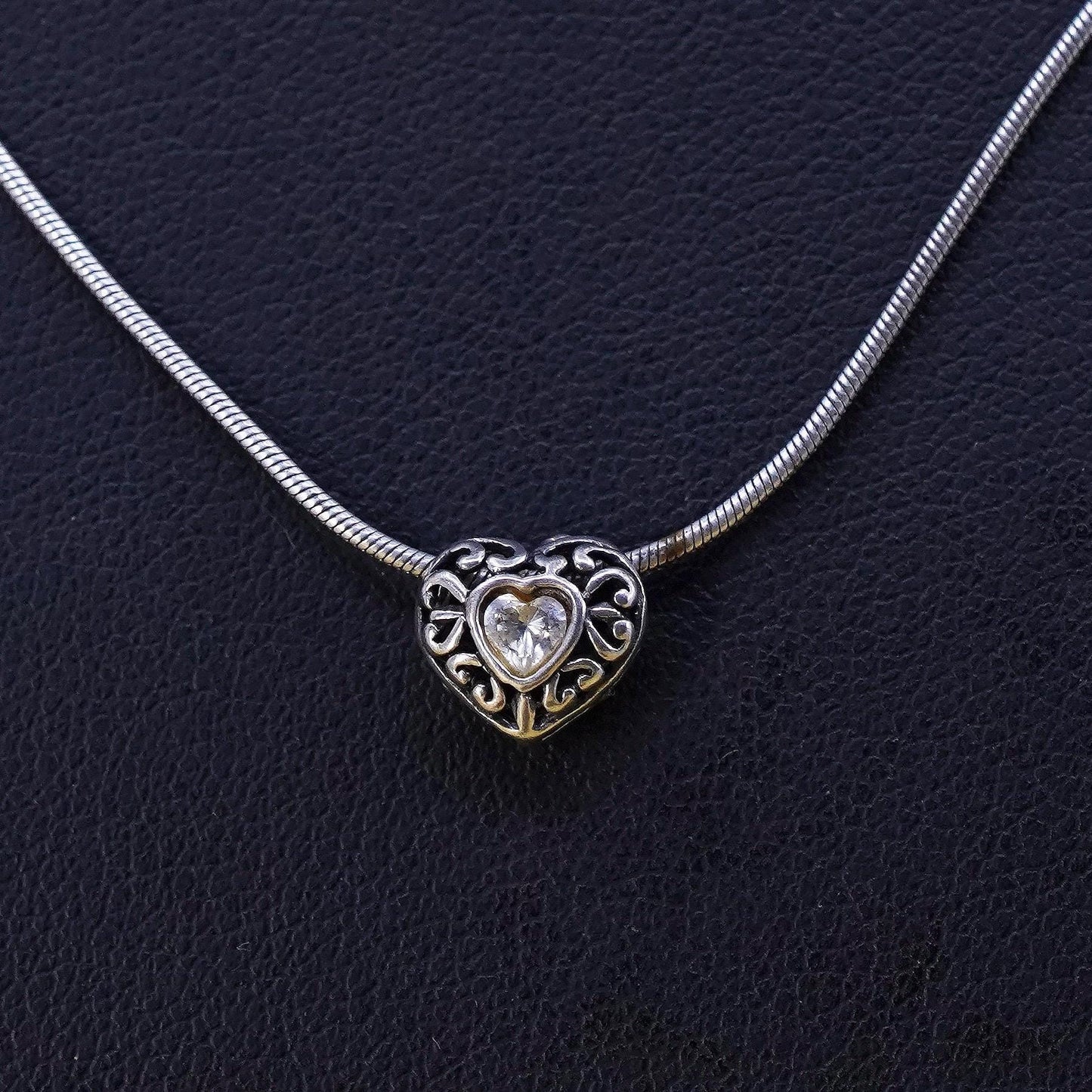 18", 1mm, vintage Sterling silver necklace, 925 snake chain w/ cz heart pendant