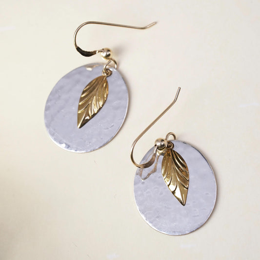 Vintage Sterling 925 Silver Hammered oval disc Earrings yellow gold leaf charms