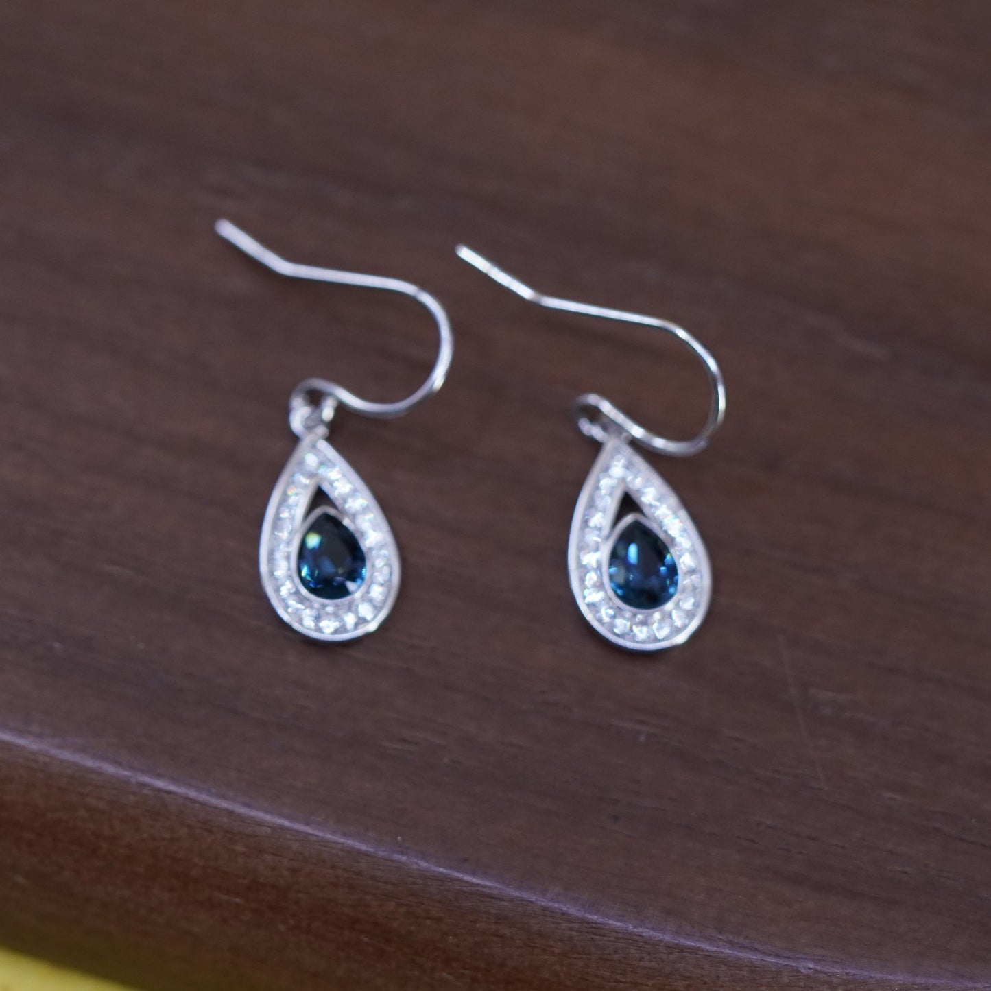 Vintage Sterling silver earrings, 925 teardrops with blue and cluster Cz