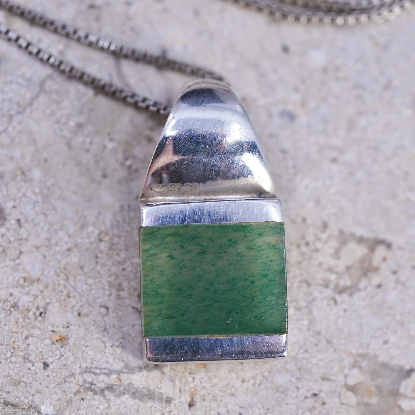 18", VTG Sterling silver handmade necklace, 925 box chain square jade pendant
