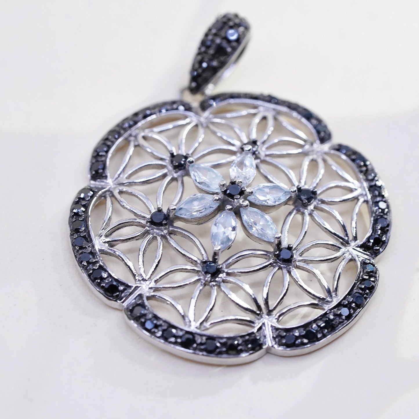 two tone sterling 925 silver filigree round pendant cluster clear CZ and spinel