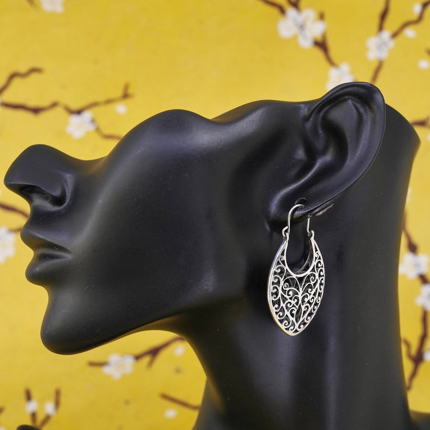 1.75", VTG Sterling silver filigree earrings, 925 handmade oval huggie hoops