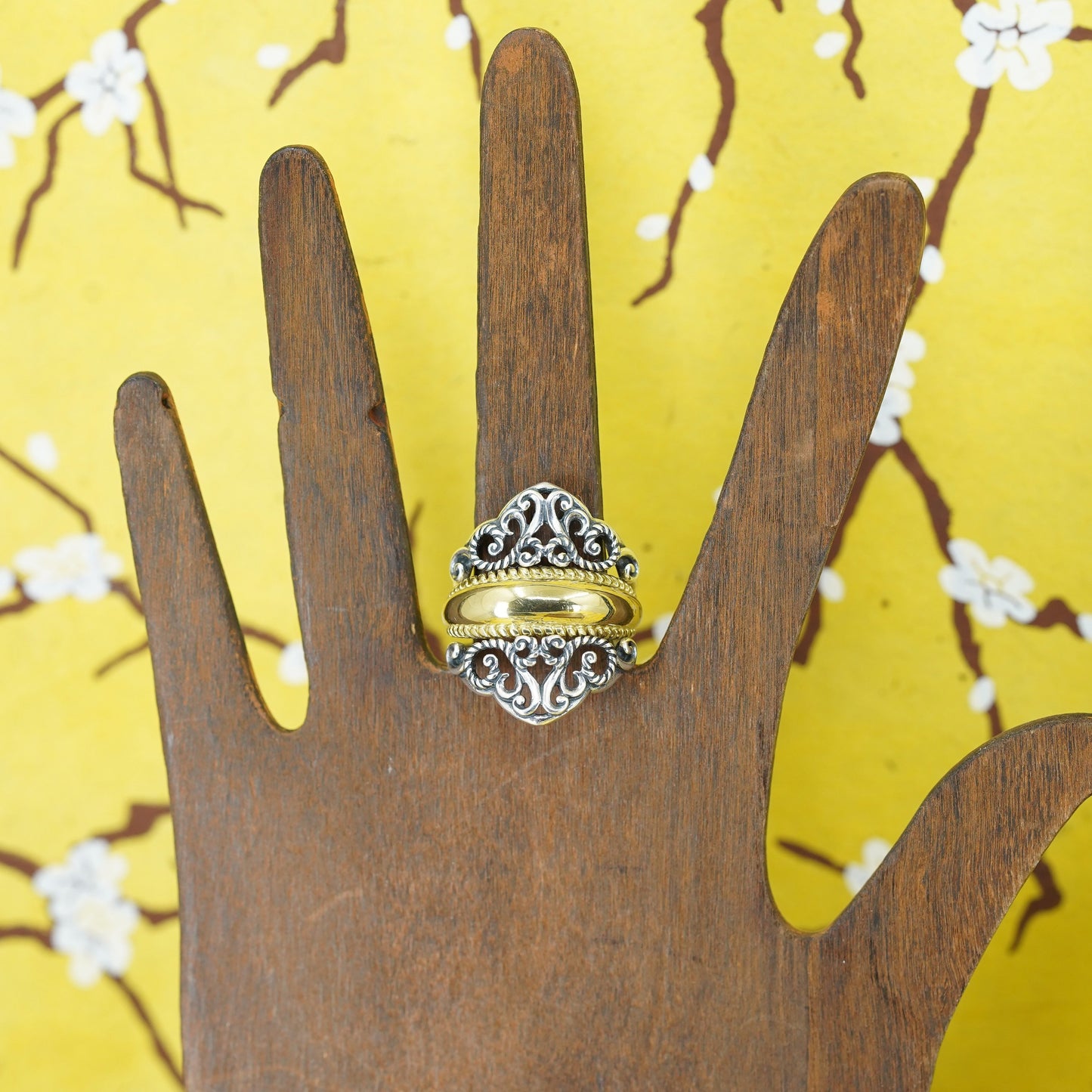 Size 10, VTG SW Carolyn Pollack Two Tone Brass Sterling Silver filigree Ring