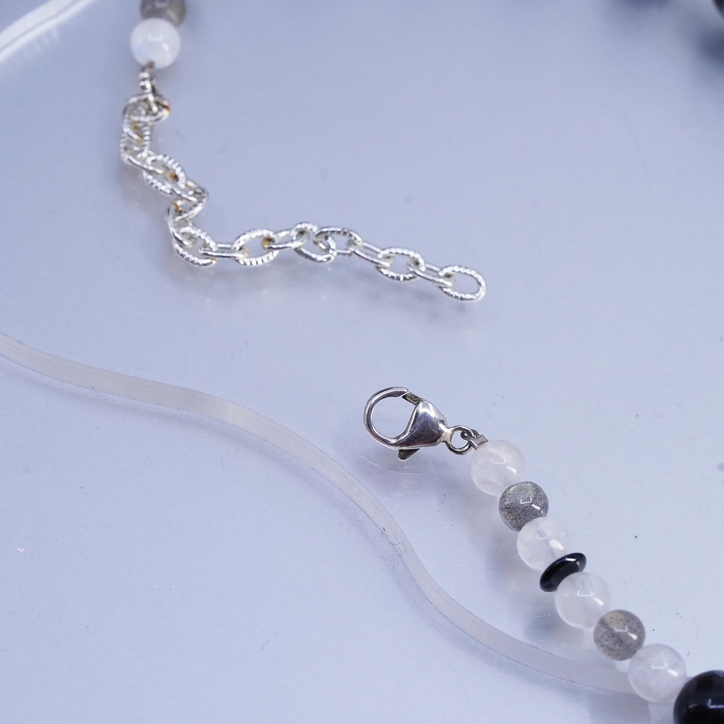 16+2", Sterling Silver 925 necklace with fossil coral labradorite glass pendant