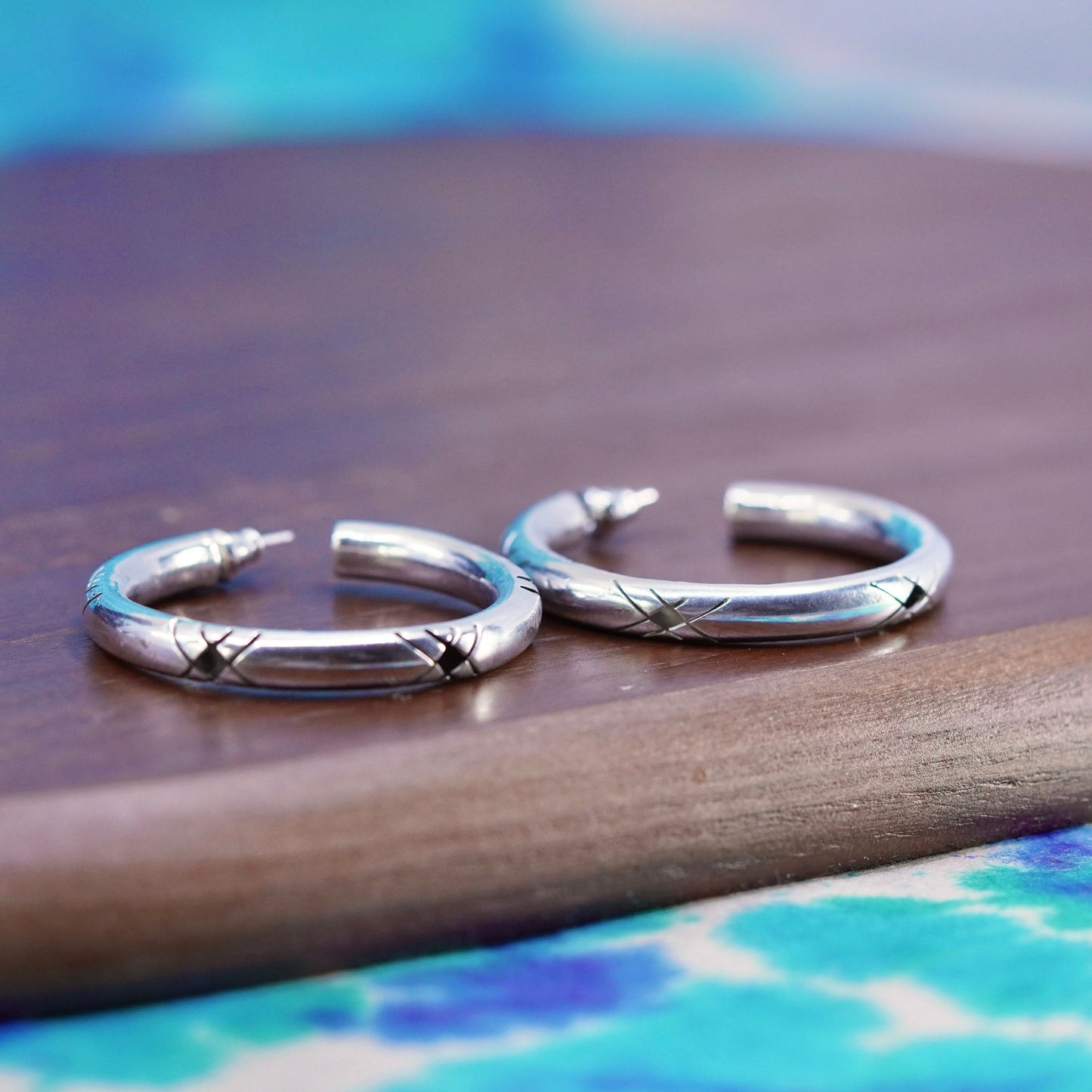 1.5”, Mexico Sterling silver handmade earrings 925 Huggie studs pattern cut out