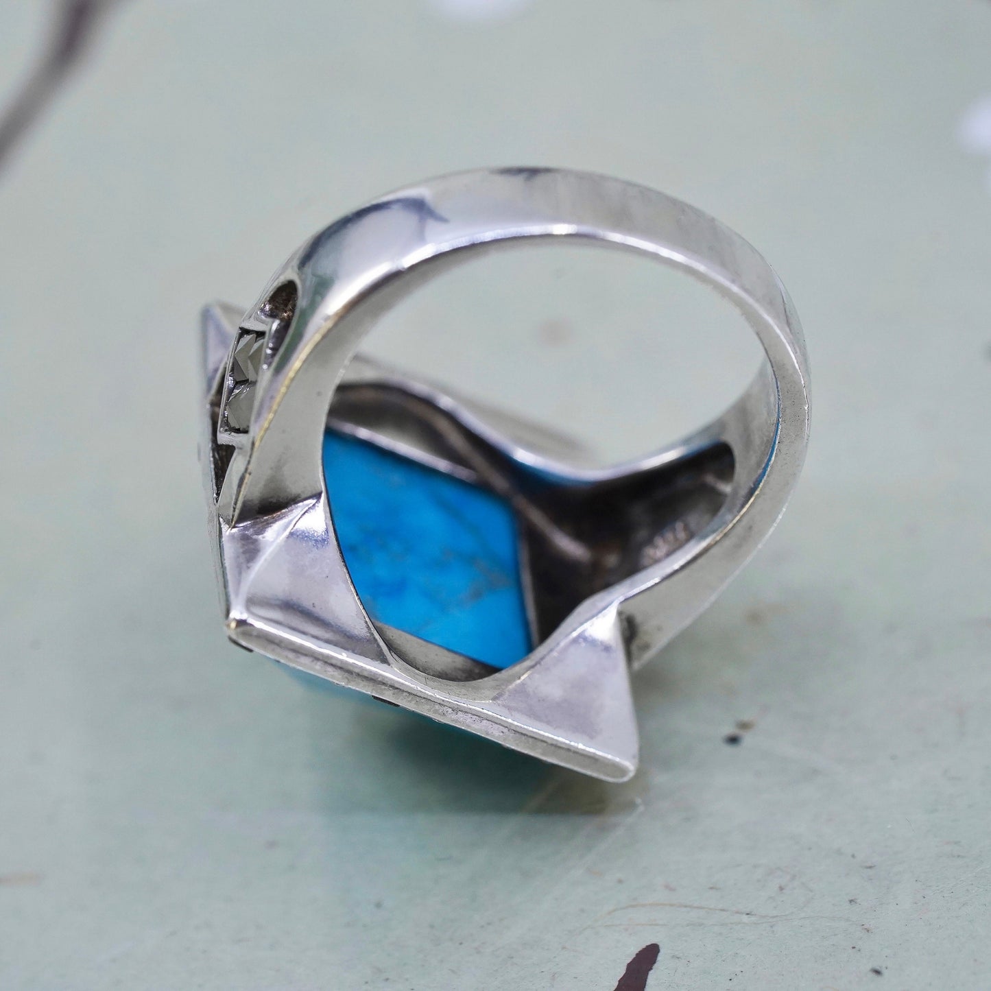 Size 7, sterling silver Native American 925 ring w/ pyramid turquoise marcasite