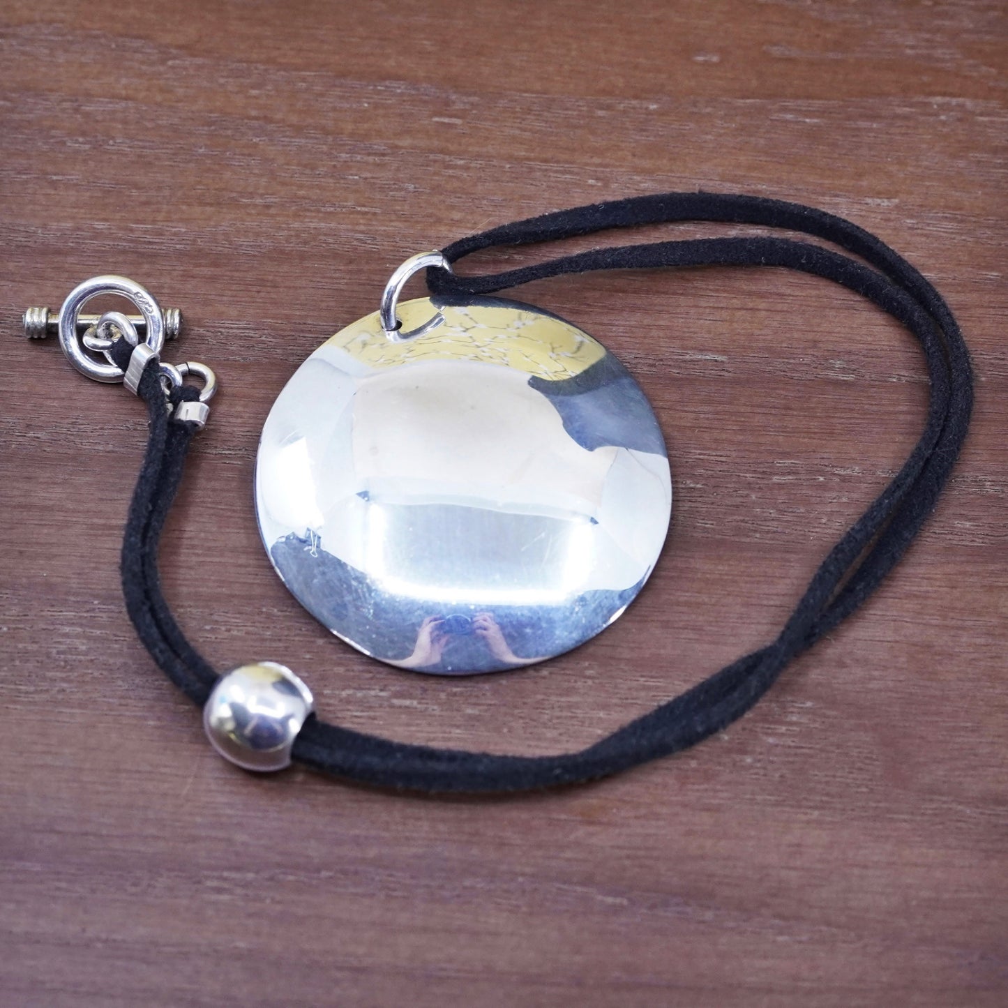 20”, vtg Mexican black leather necklace with Sterling 925 silver disc pendant