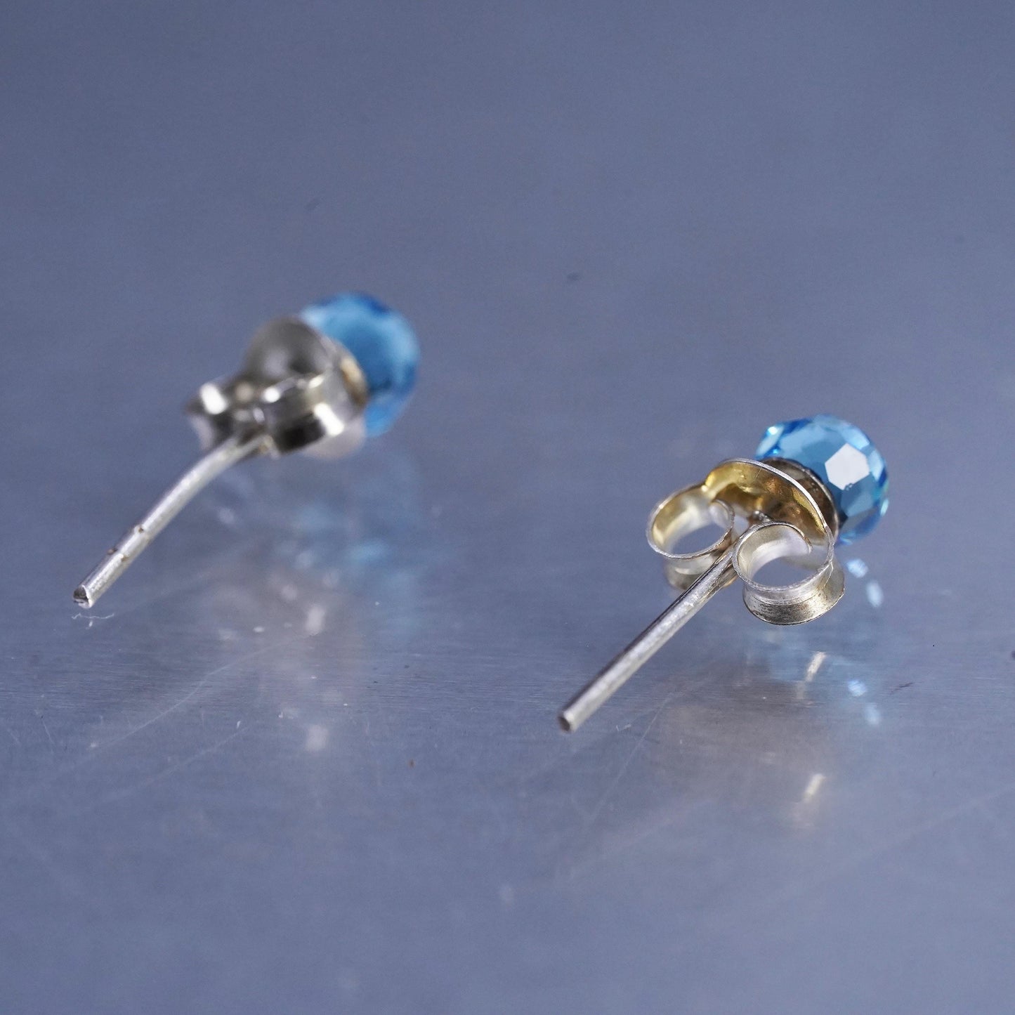 4mm, Vintage Sterling 925 silver handmade earrings, blue crystal studs