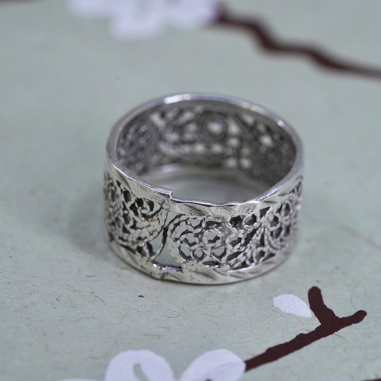 Size 6.5, Vintage sterling silver handmade filigree ring, 925 band
