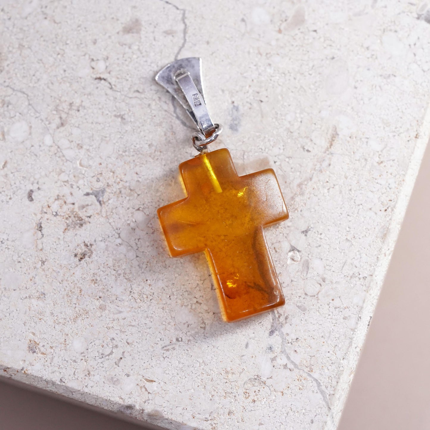 Vintage Sterling 925 silver handmade cross pendant with amber