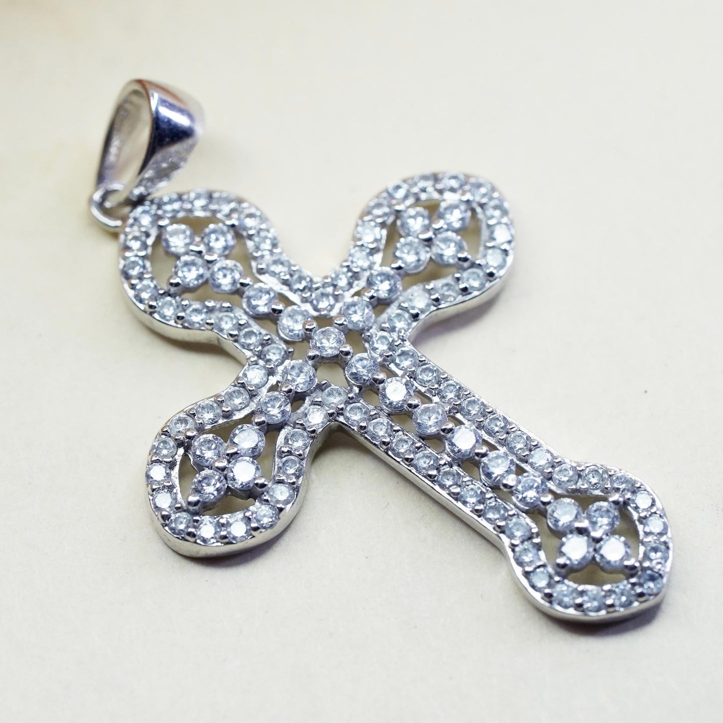 Vintage sterling silver pendant, 925 cross pendant with cluster Cz