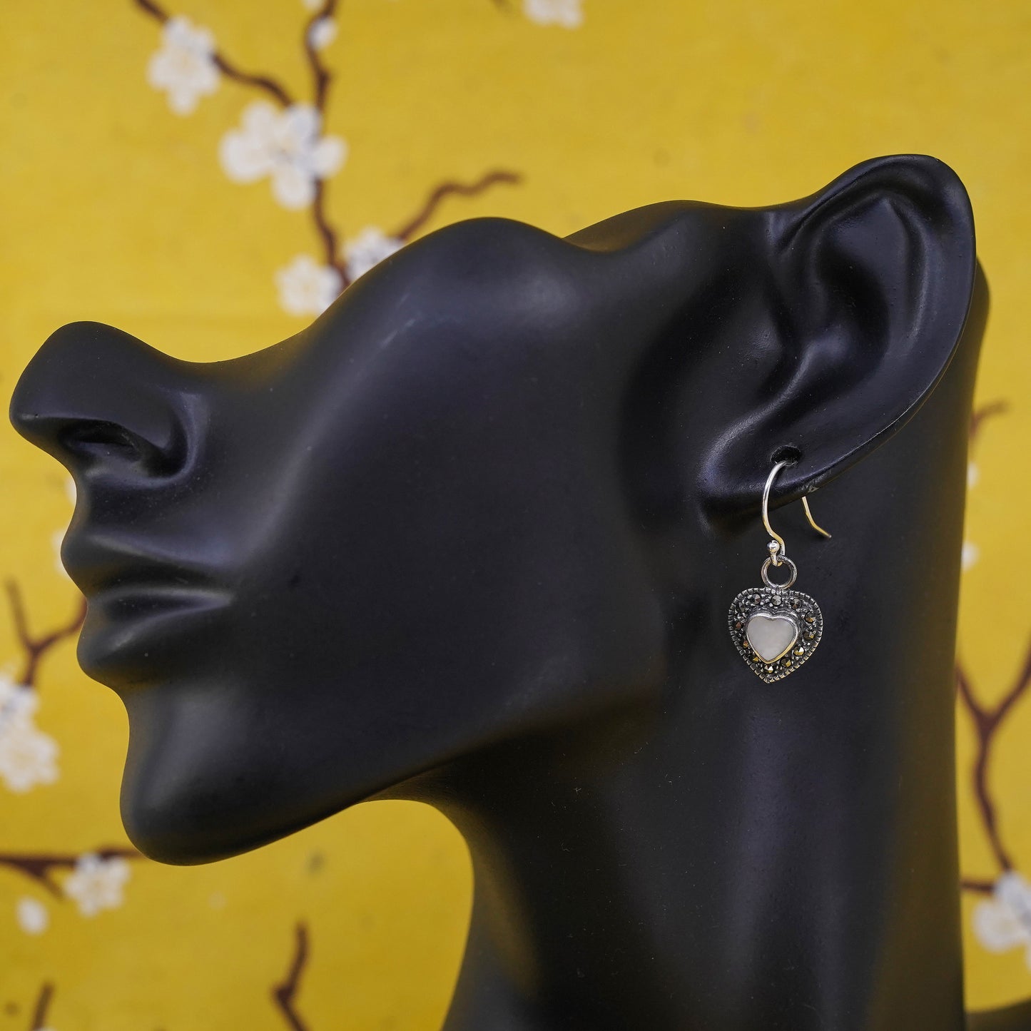 Sterling 925 silver handmade earrings with heart mother of pearl and Marcasite