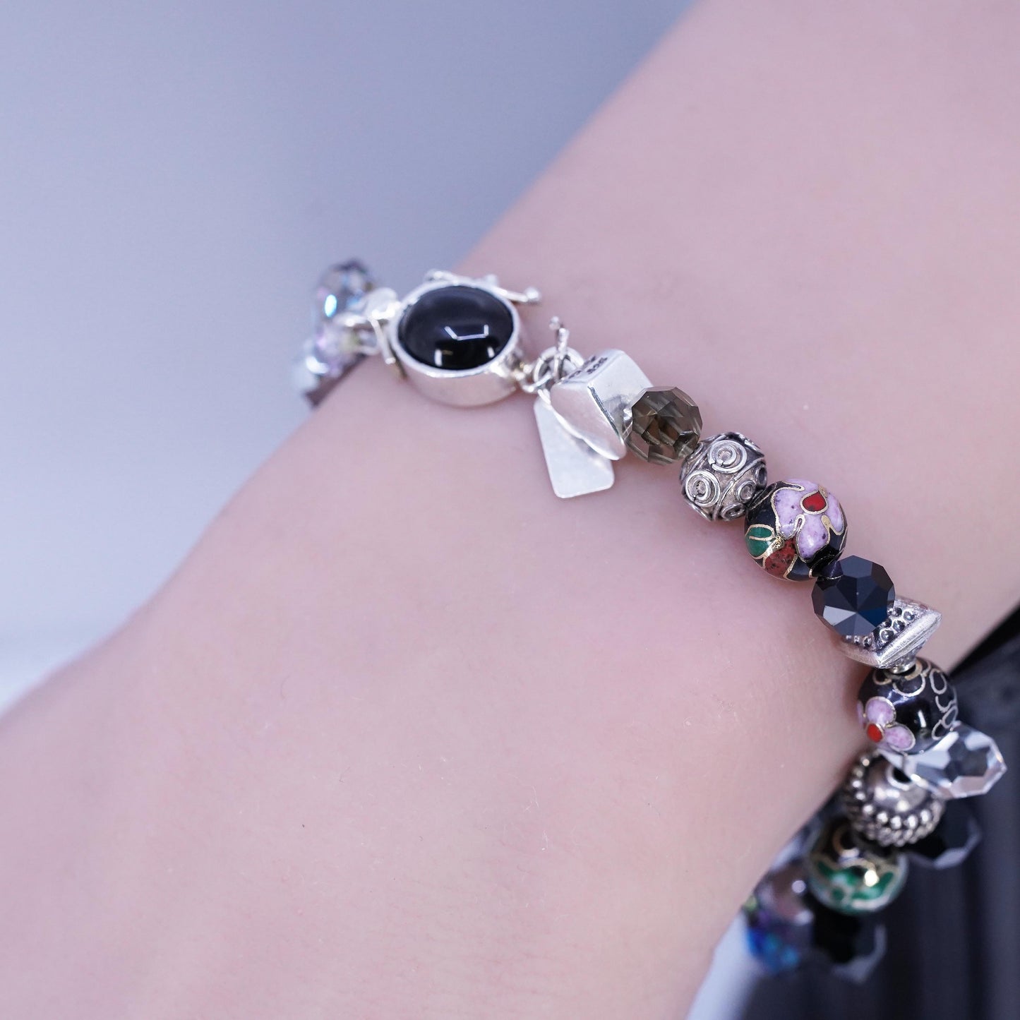 6.5", Vintage Lori B Sterling 925 Silver Bracelet w/ Crystal beads heart charms