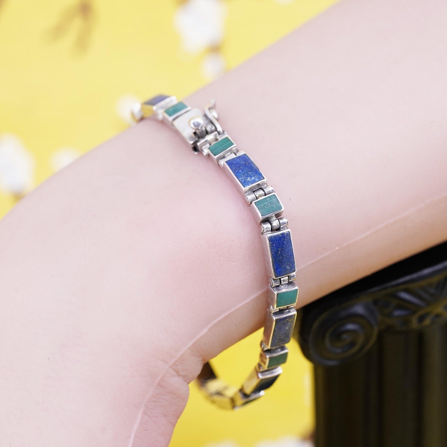 6.75”, vintage southwestern Sterling 950 silver tennis bracelet with turquoise