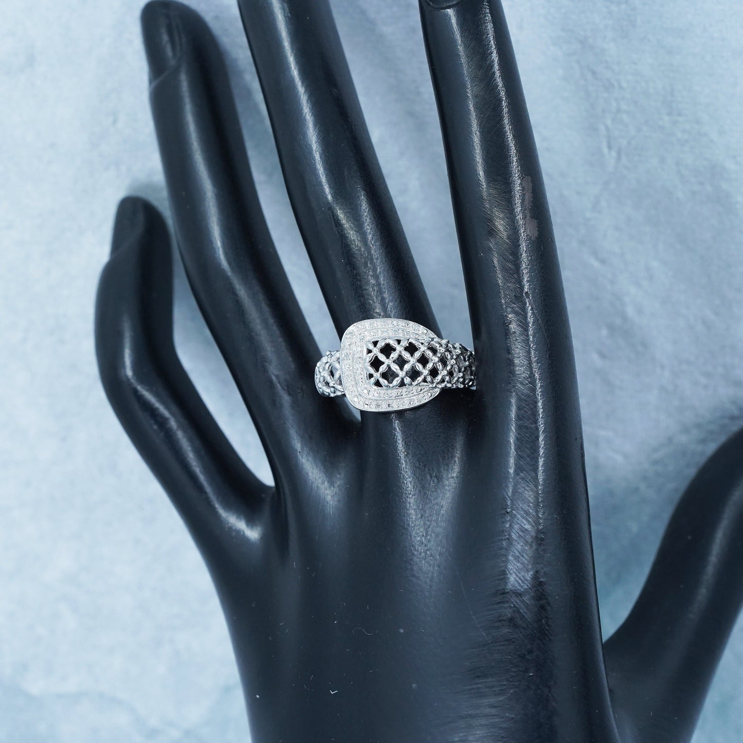 Size 9, vintage Sterling 925 silver handmade ring, filigree belt band diamonds