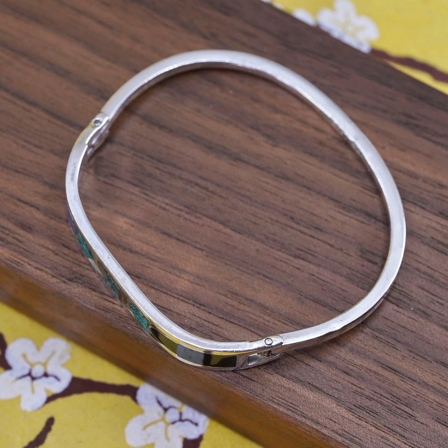 6.5”, Sterling 925 silver handmade bracelet, Mexico hinged bangle w/ turquoise