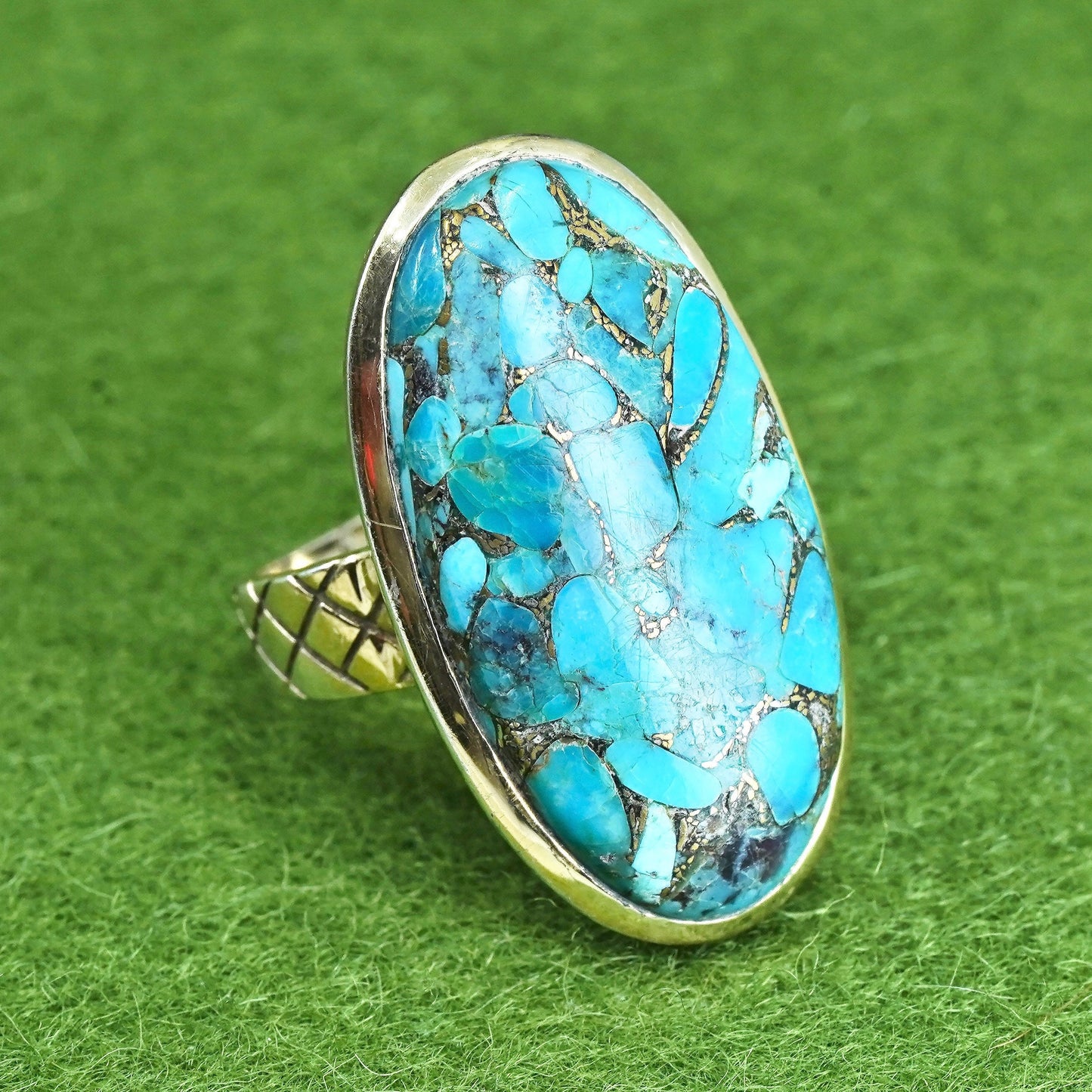 Size 8.25, Vintage sterling 925 silver handmade ring with oval shaped turquoise