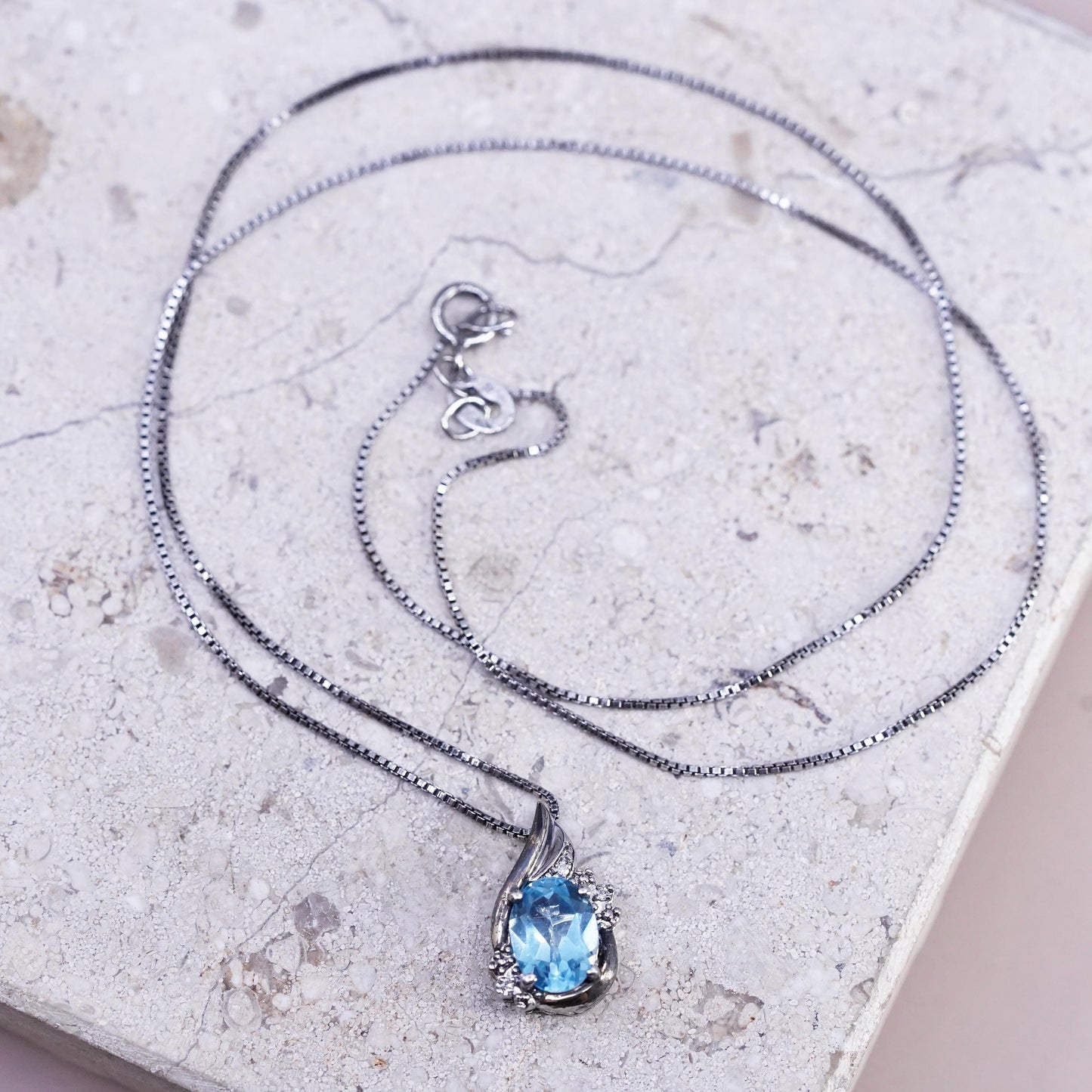 18" RL Sterling silver necklace, 925 box chain topaz diamond 10K gold pendant