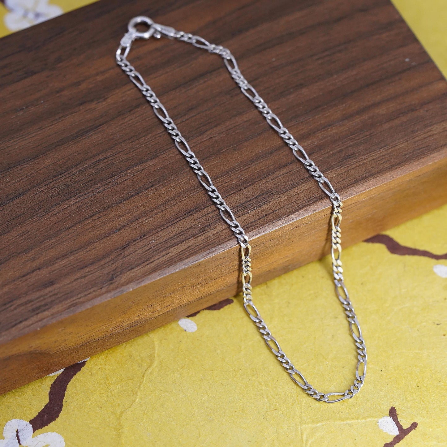 9.5” 3mm, Vintage two tone gold over sterling silver anklet, 925 figaro chain