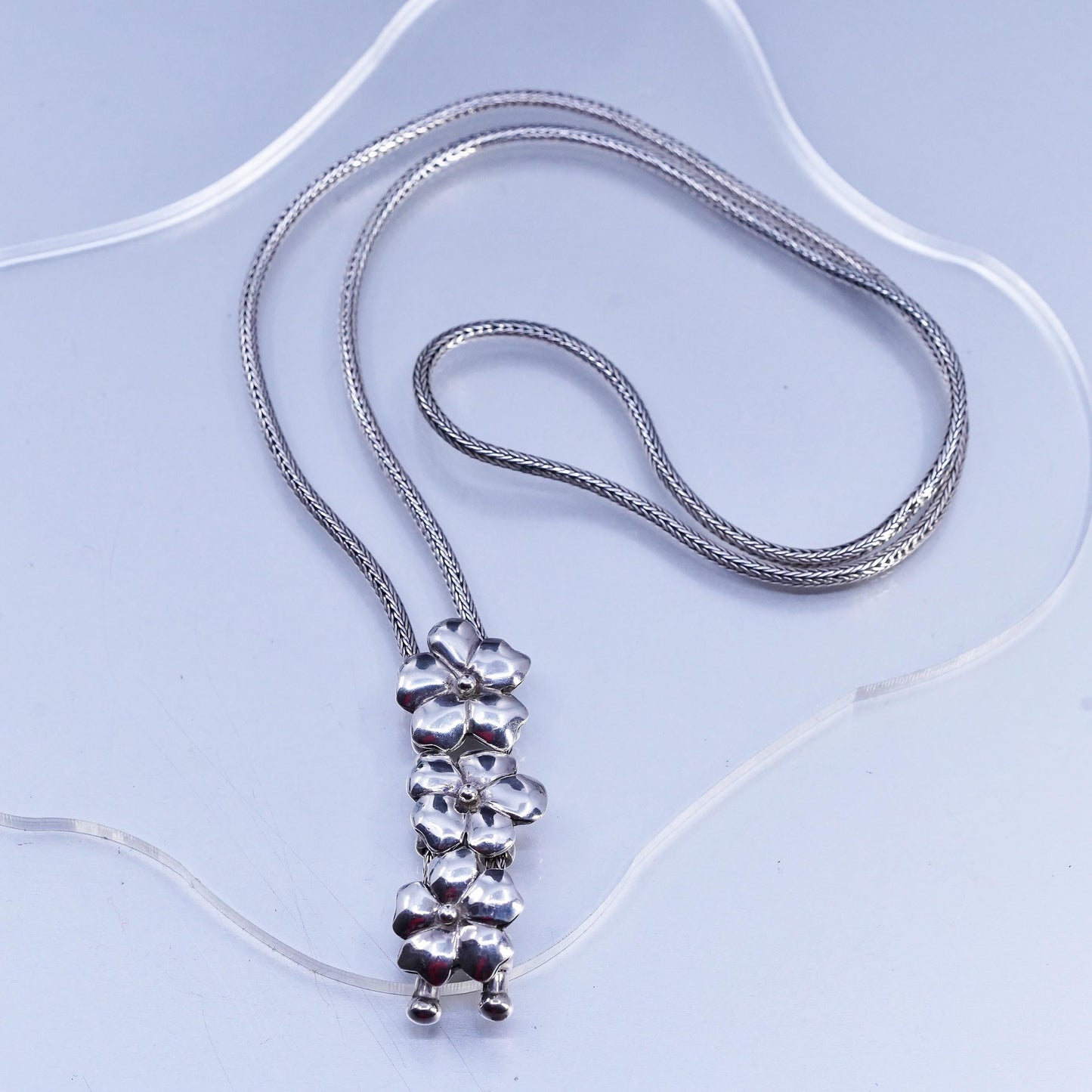 24” 3mm, vintage Sterling 925 silver wheat chain necklace flower slide pendants