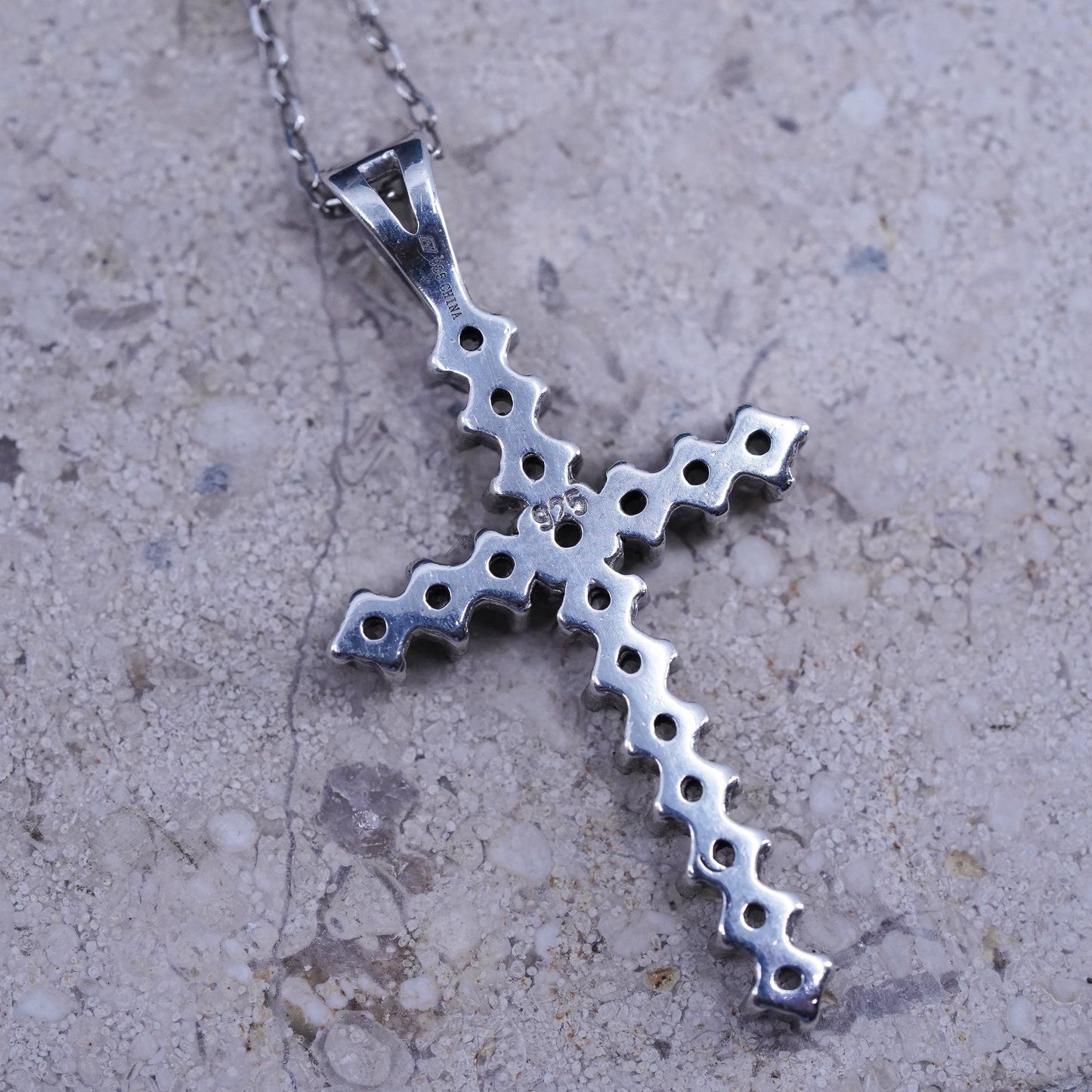 18”, 1mm, vintage Sterling silver necklace, 925 circle chain with cross pendant and Cz