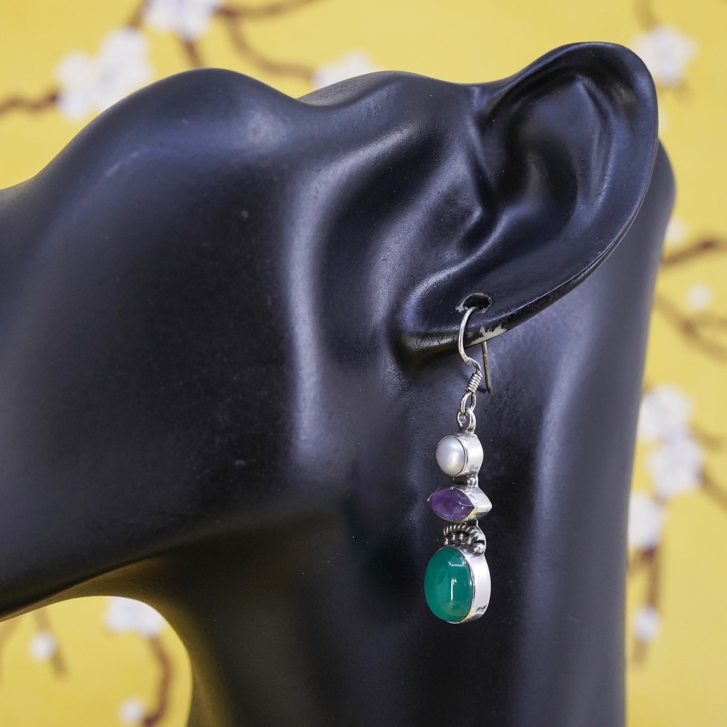 Vintage Sterling silver earrings, southwestern 925 dangles pearl jade amethyst