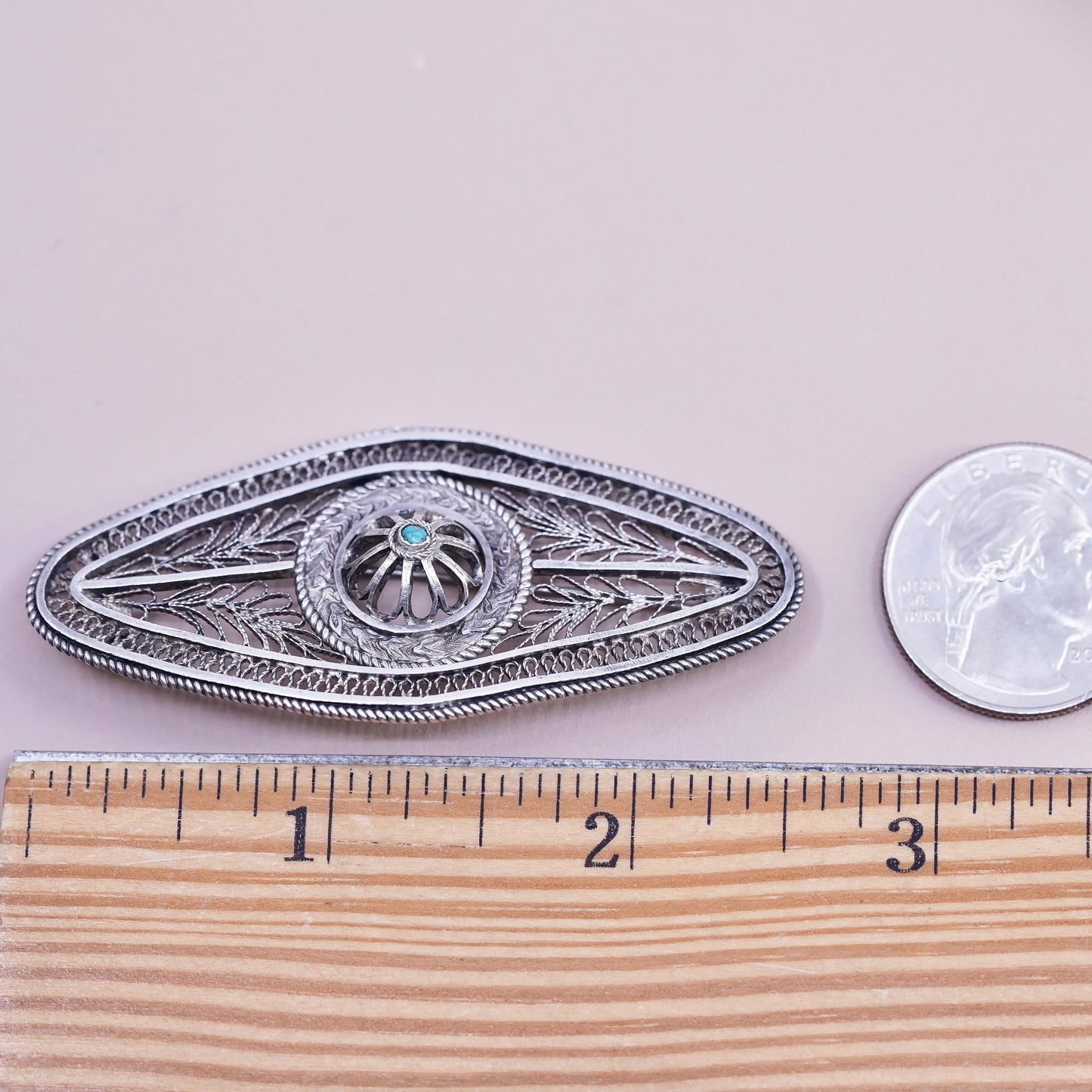 Vintage Native American sterling silver brooch, 925 filigree long pin turquoise