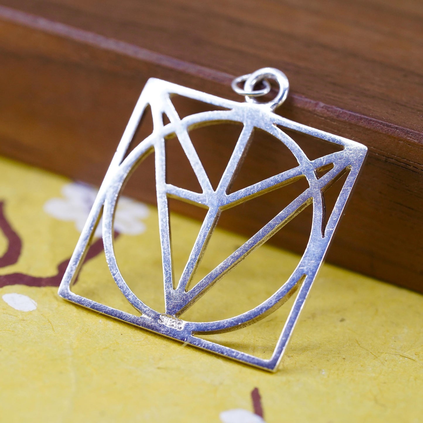 Sterling Silver Geometric Square Pendant Modernist Abstract Line, Artisan Charm