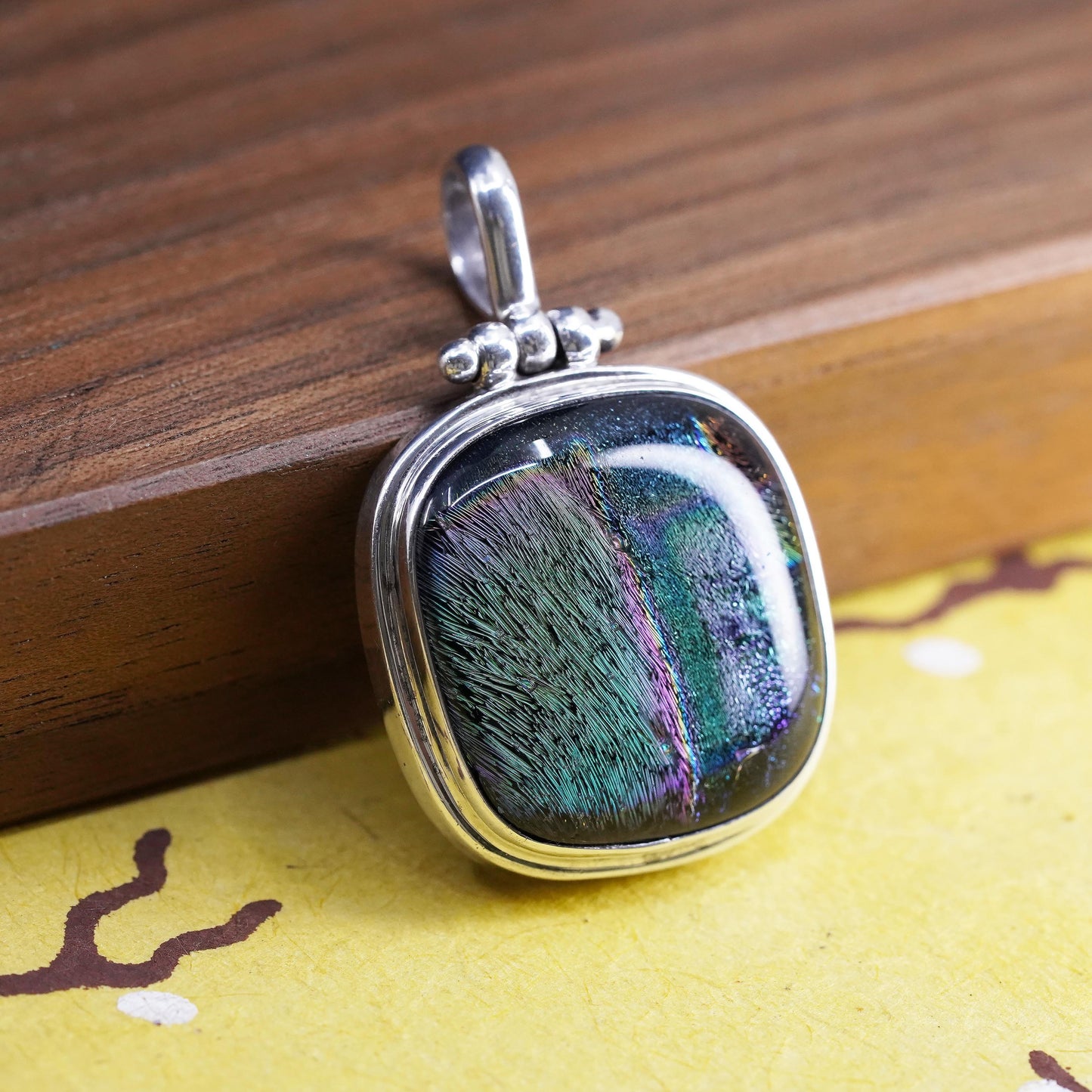 Vintage Sterling 925 silver handmade pendant with foil glass, unique