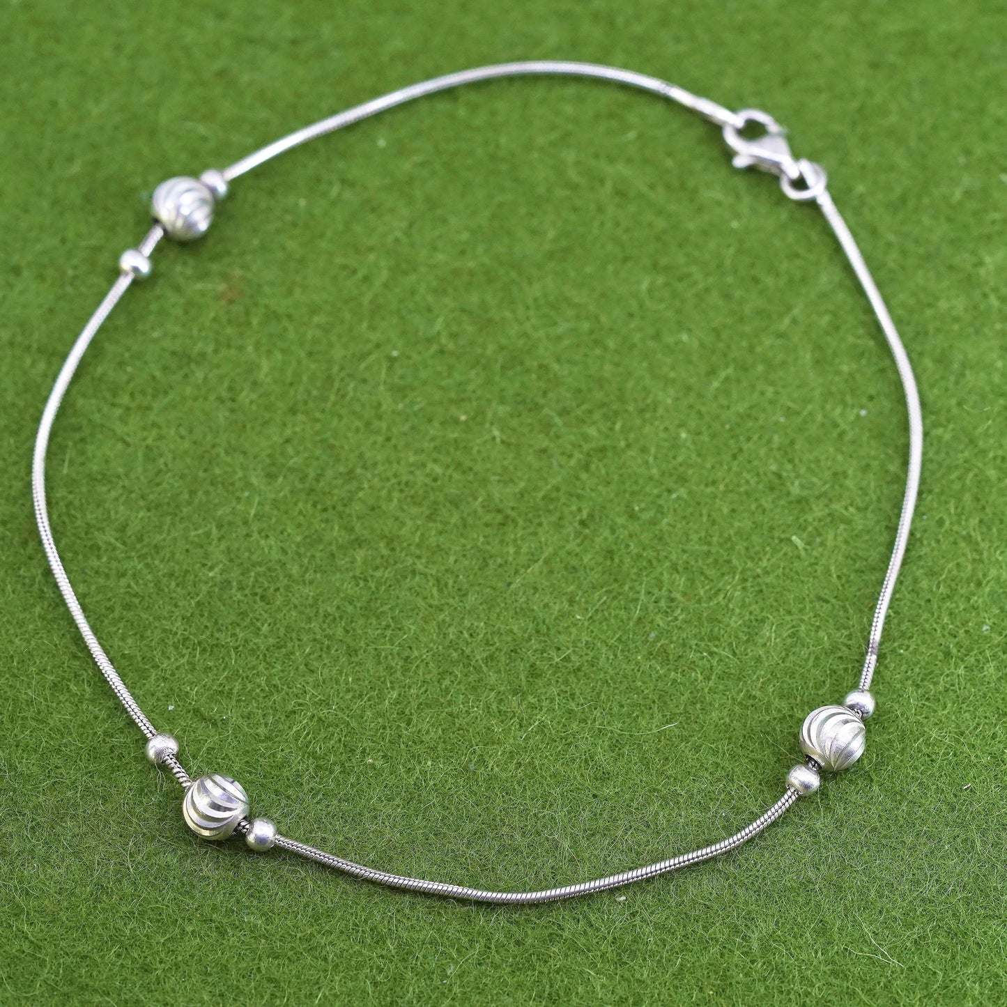 10.25”, Vintage sterling silver bracelet, 925 snake chain anklet with 5mm beads