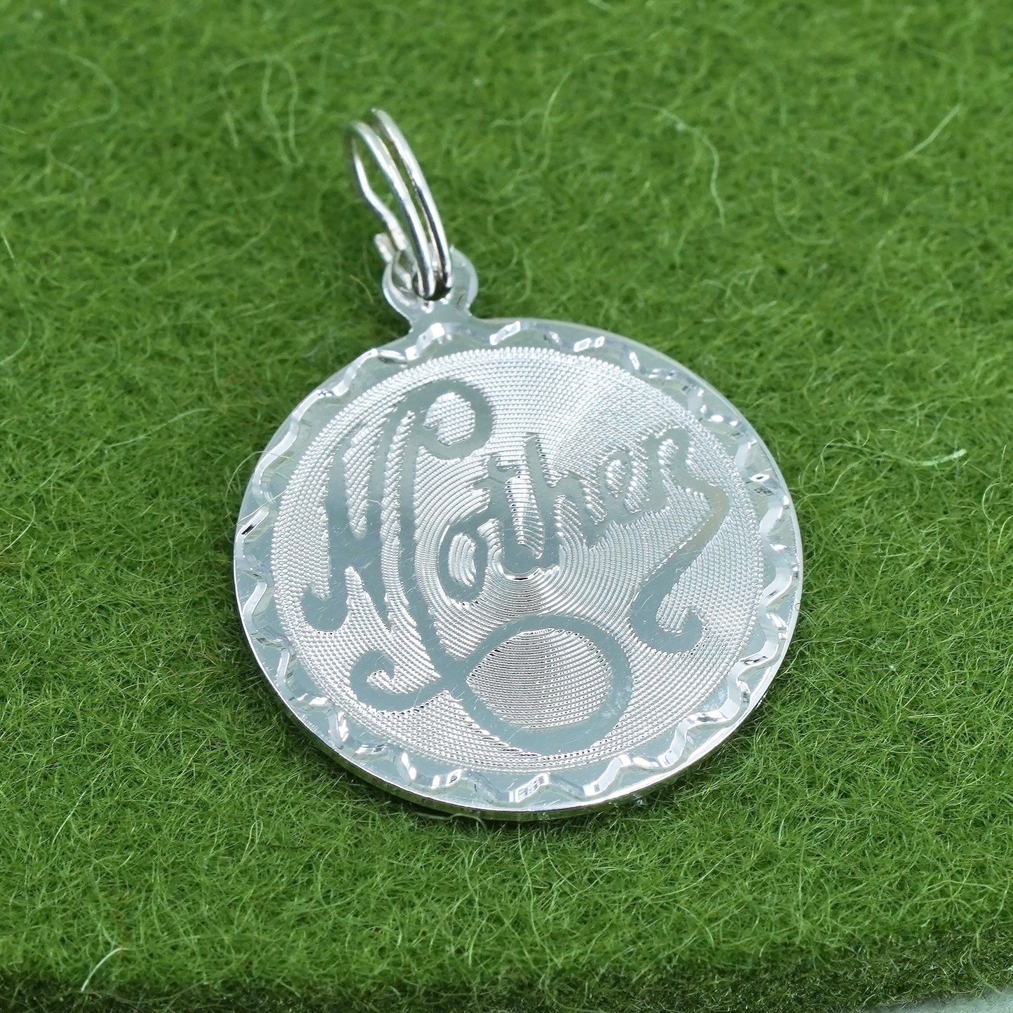 Vintage sterling silver pendant, 925 circle tag charm embossed “mother”