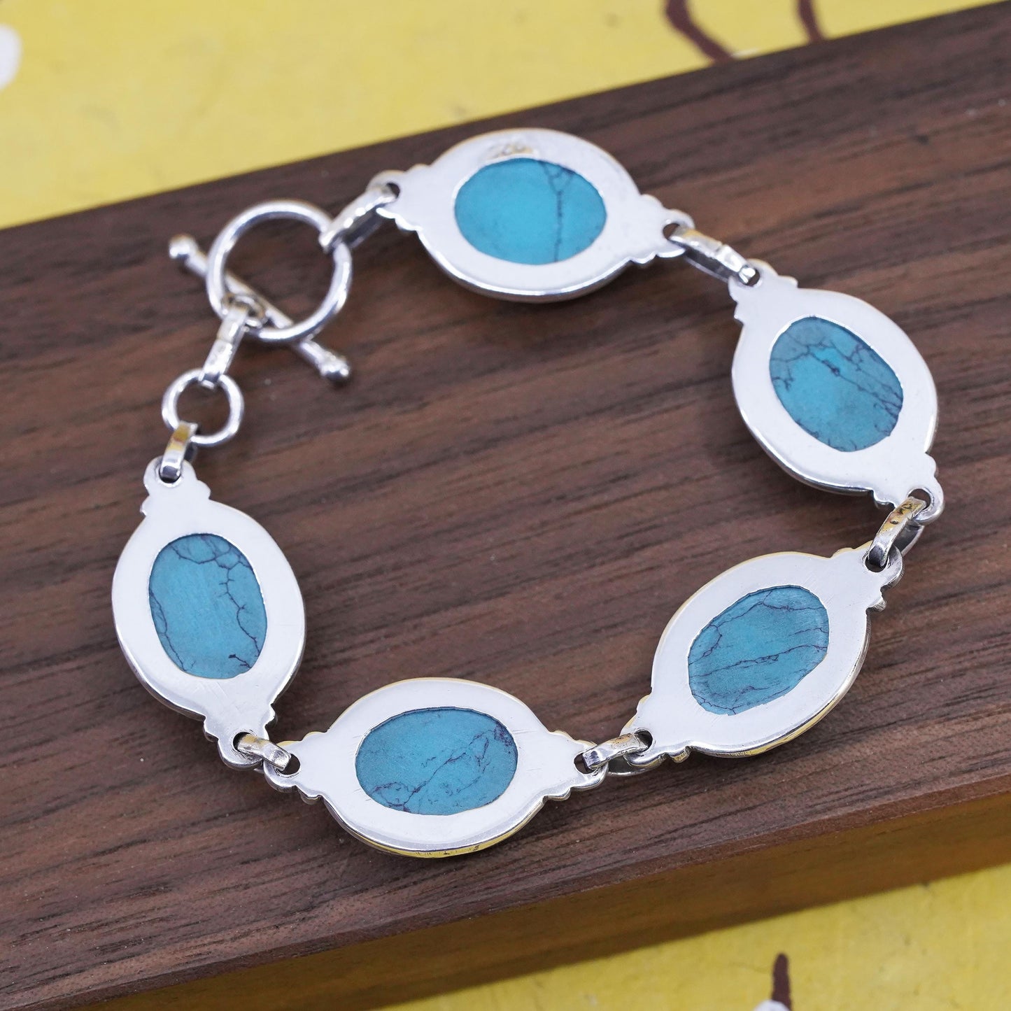 7", VTG Mexican Sterling 925 silver bracelet with turquoise and toggle closure