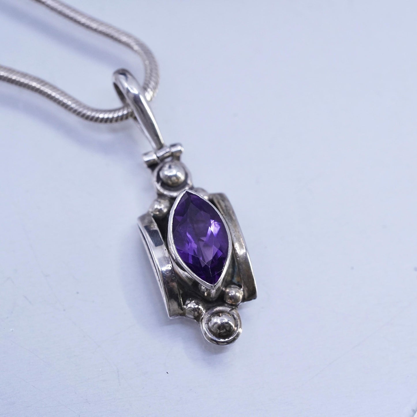 16", vintage Italian Sterling 925 silver snake chain necklace amethyst pendant
