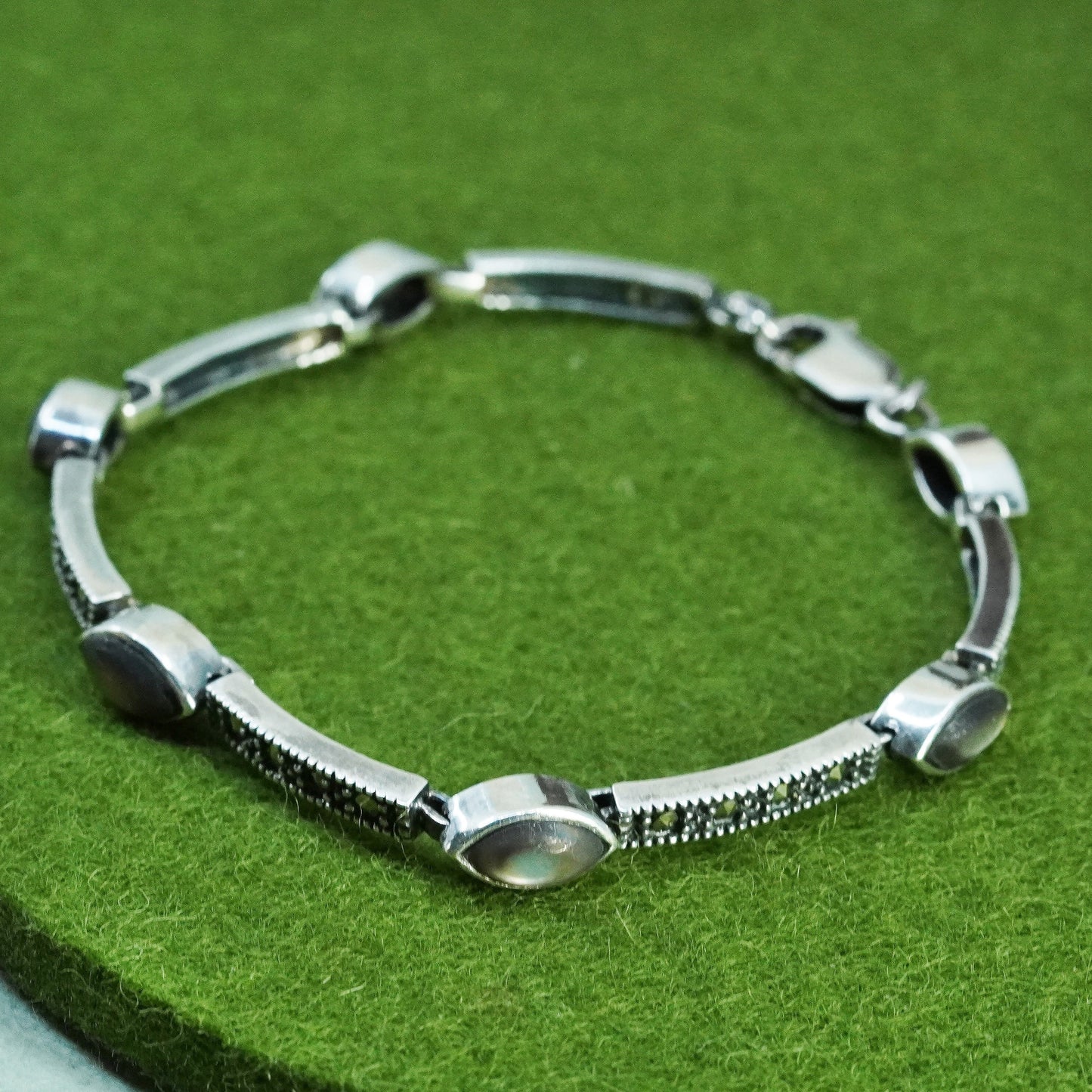 7.5”, sterling 925 silver handmade tennis bracelet with abalone and marcasite