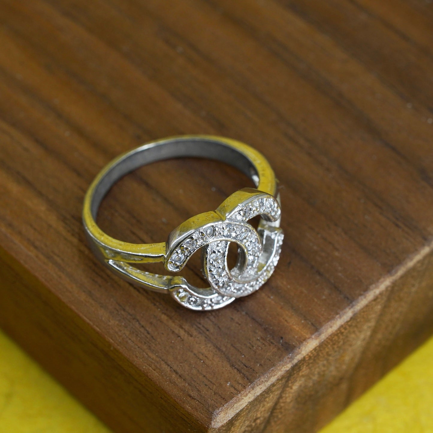 Size 9.25, vintage Sterling 925 silver engagement letter C ring with cluster cz