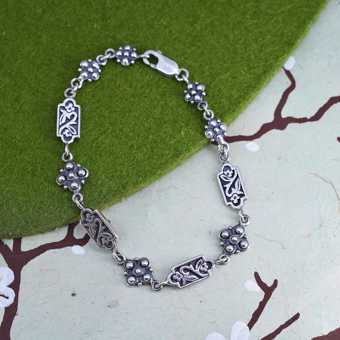 7", Vintage sterling silver bracelet, 925 flower beads chain, handmade jewelry