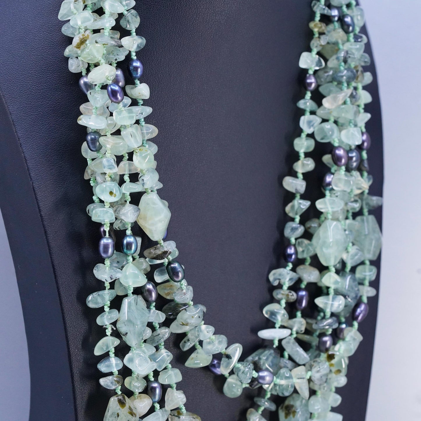 18", vintage multi strands jade bead linen thread necklace black pearl beads