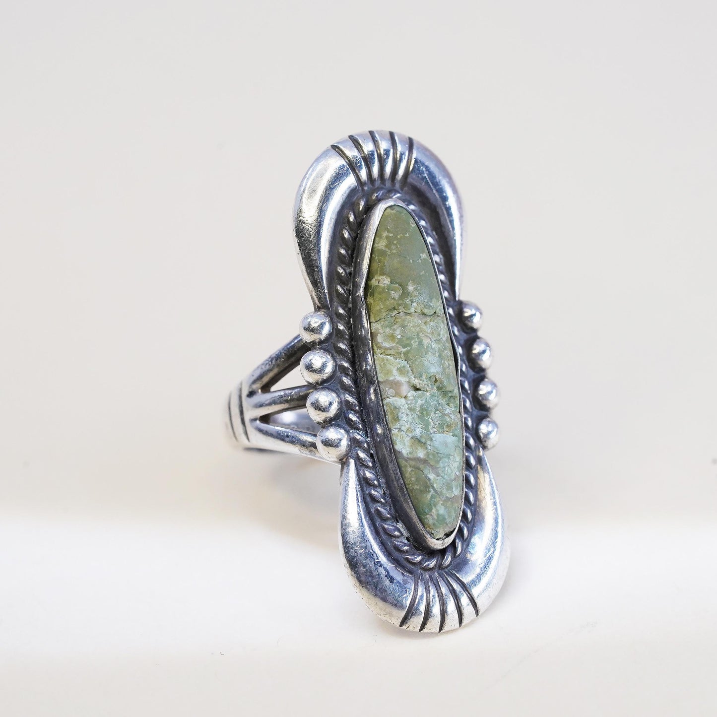size 6.25, Native American 925 Sterling Silver Long Oval Green Turquoise Ring