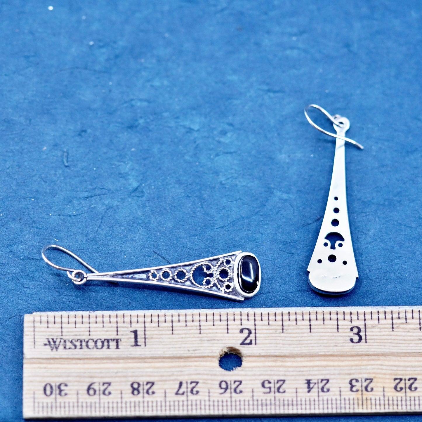 Vintage sterling 925 silver handmade filigree teardrop earrings with obsidian