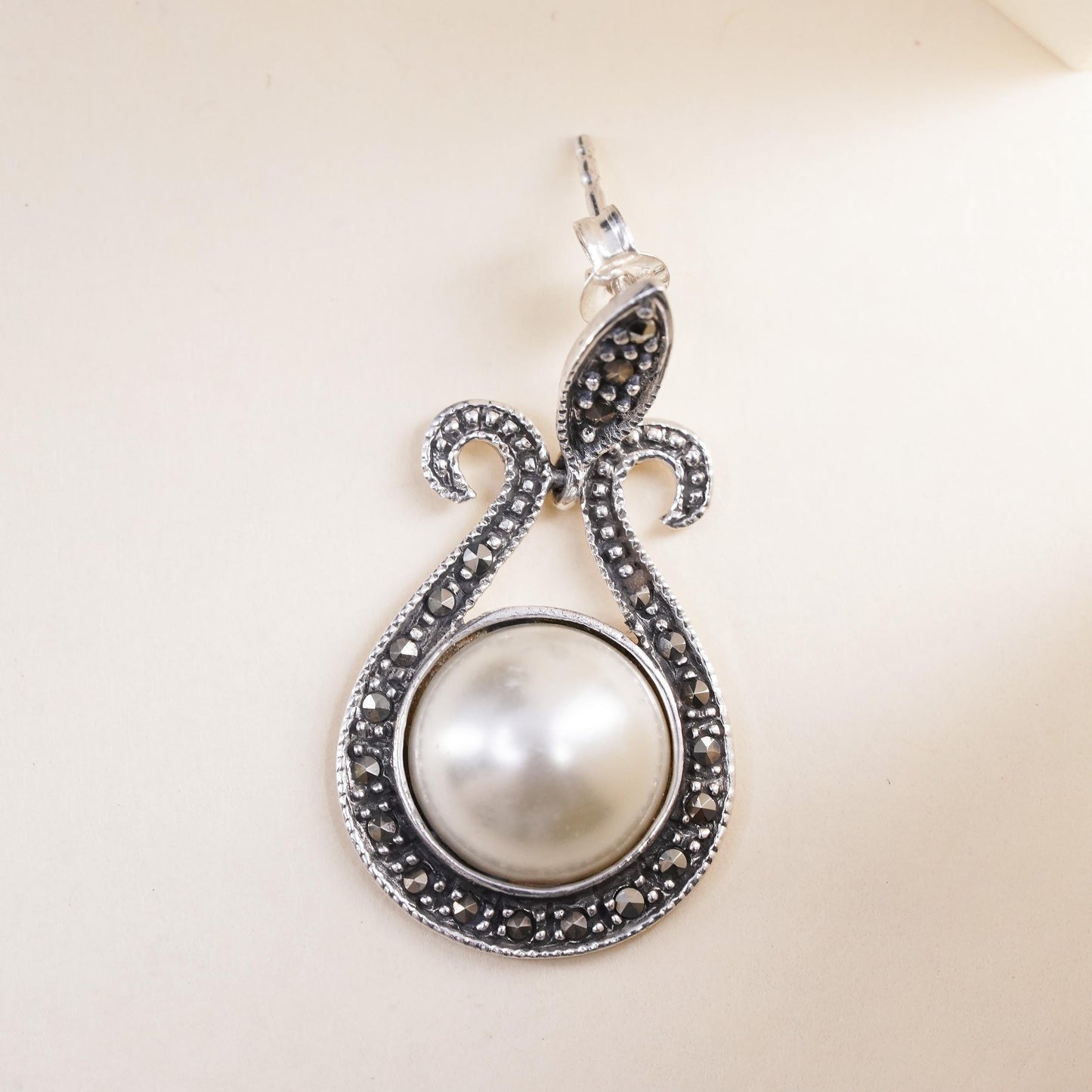 handmade single earring. Sterling 925 silver teardrop dangle pearl marcasite