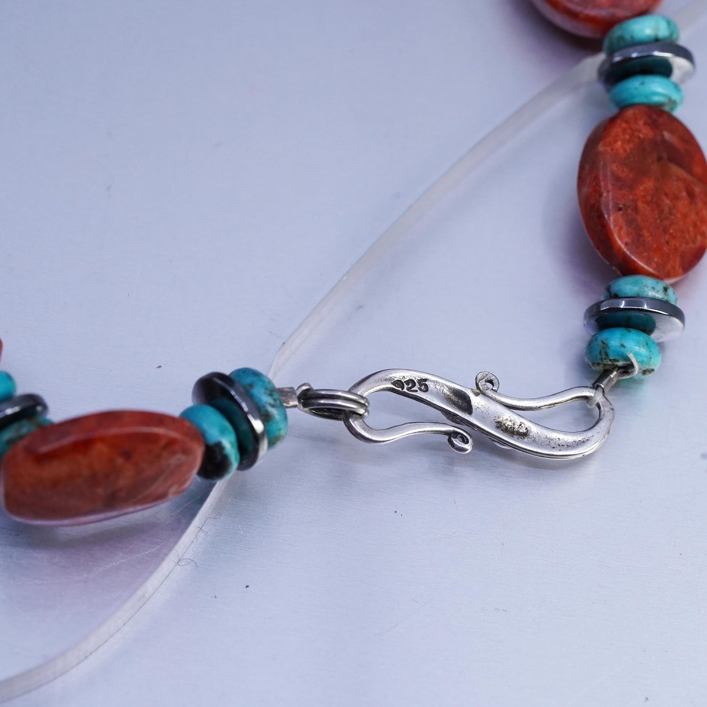 22", Native American Sterling Silver 925 necklace green turquoise coral beads