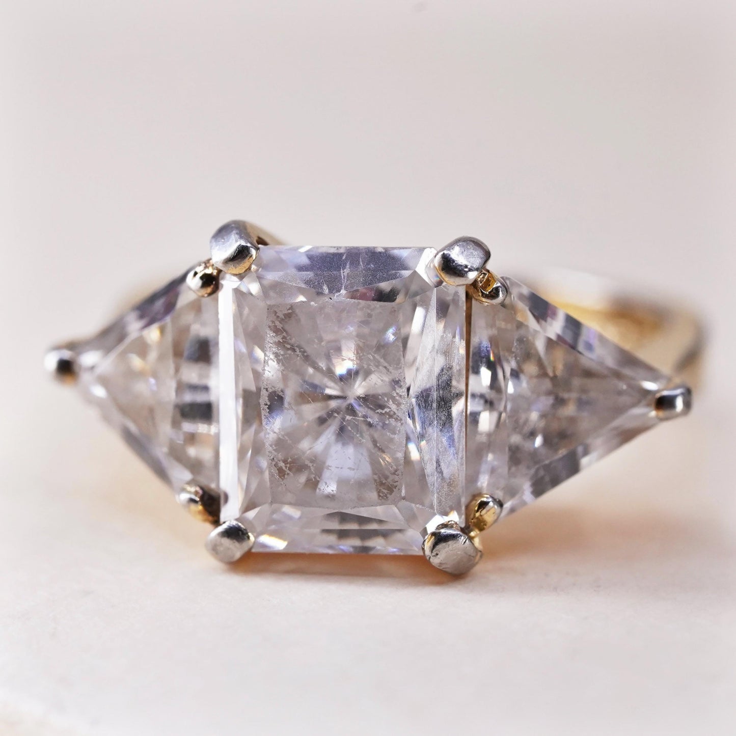 Size 6.25, Vintage gold over sterling silver CZ ring, 925 statement, ring