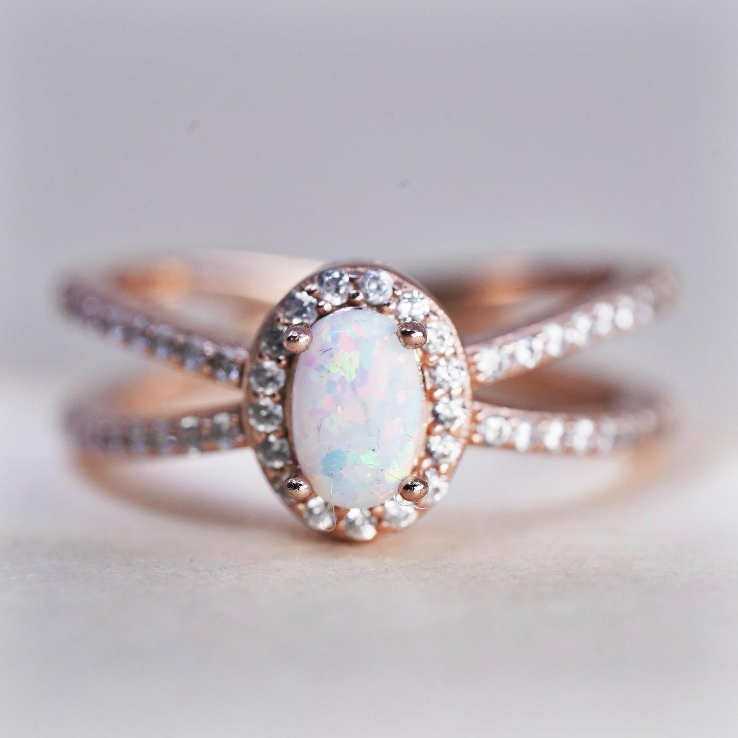 Size 4, vintage rose gold plated Sterling 925 silver ring with round opal cz