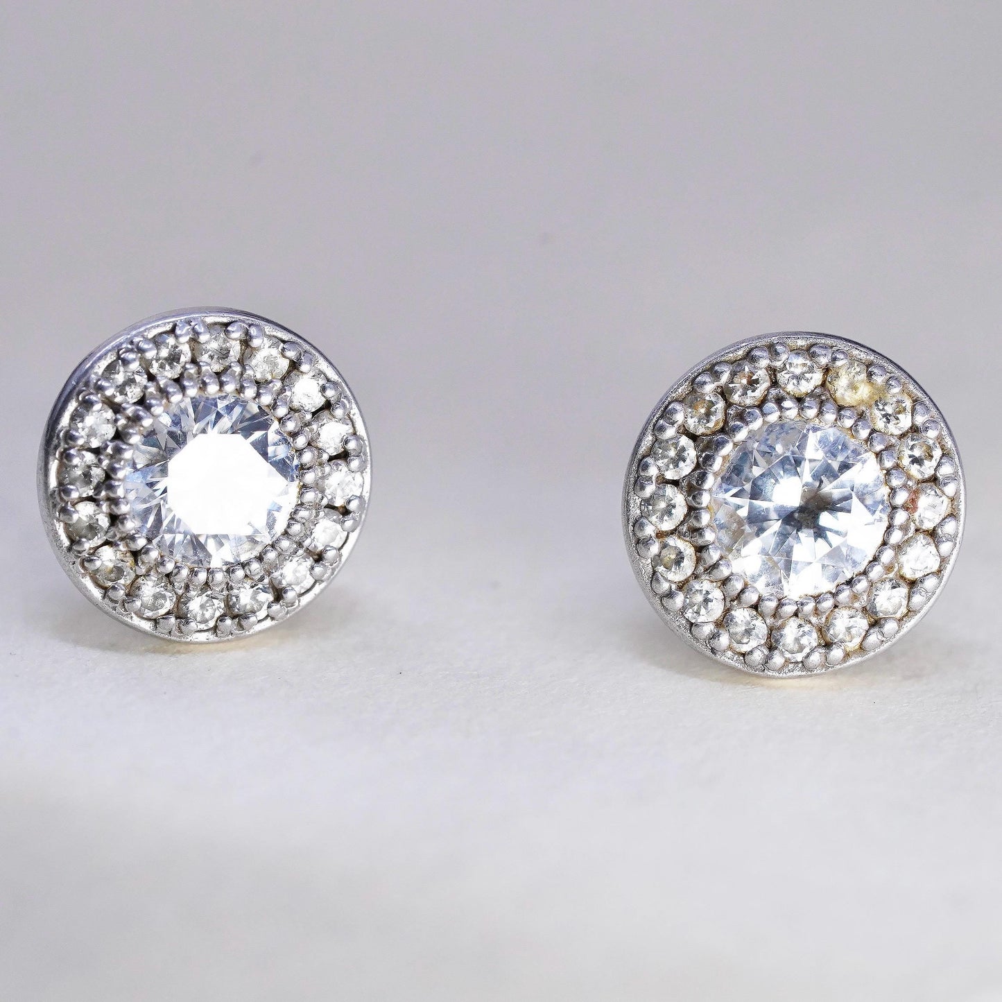Vintage sterling silver earrings, 925 studs with cluster round cz