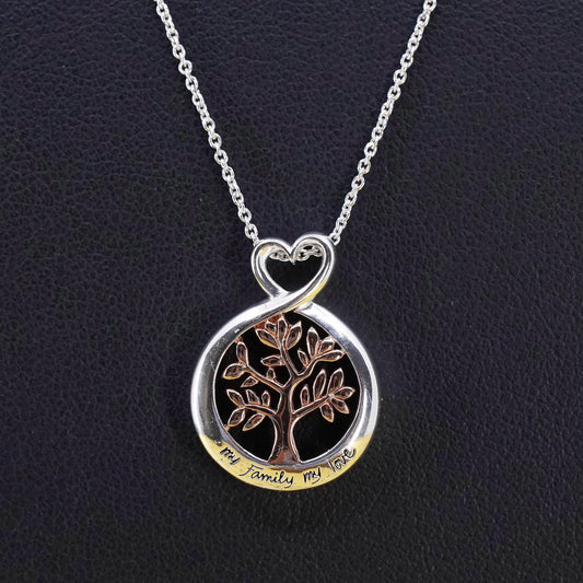 16+2” two tone Sterling silver necklace, 925 family tree pendant my family love